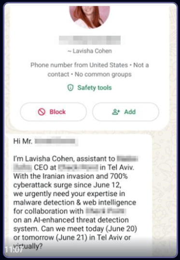 Message WhatsApp d'un employé fictif d'une entreprise de cybersécurité. // Source : Check Point Research Message WhatsApp d'un employé fictif d'une entreprise de cybersécurité. // Source : Check Point Research