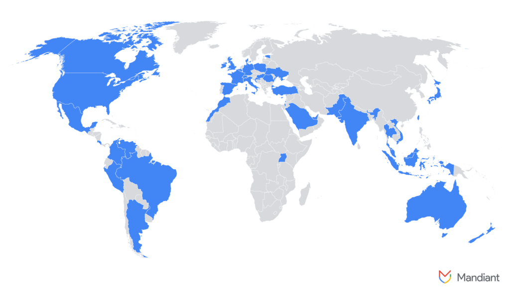 Carte des pays touchés par les IT workers nord-coréens // Source : Google Threat Intelligence Carte des pays touchés par les IT workers nord-coréens // Source : Google Threat Intelligence