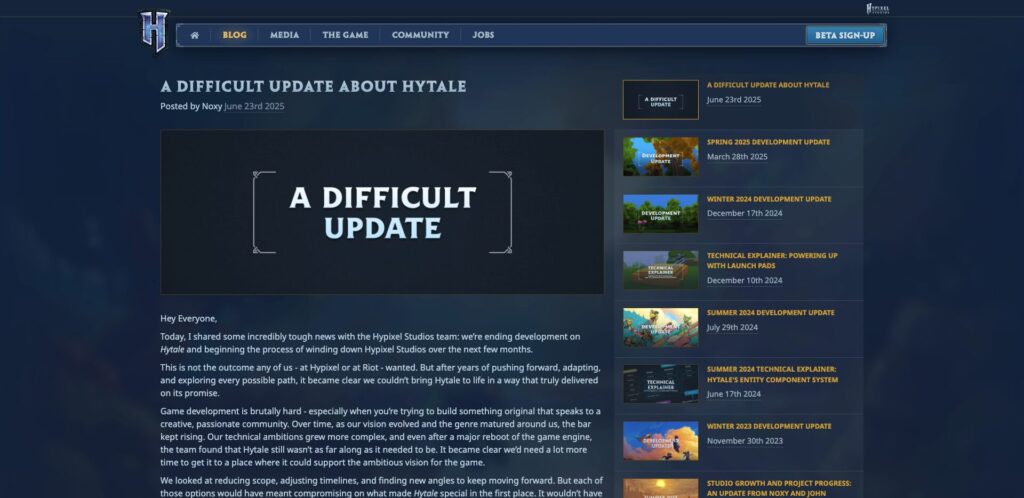 Hypixel Studios met fin au développement de Hytale // Source : Capture Numerama