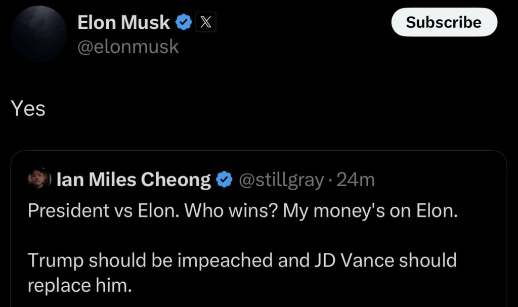Elon Musk est en faveur du remplacement de Donald Trump par JD Vance.