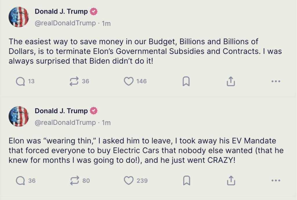 Publications Truth de Donald Trump contre la voiture électrique et Elon Musk.
