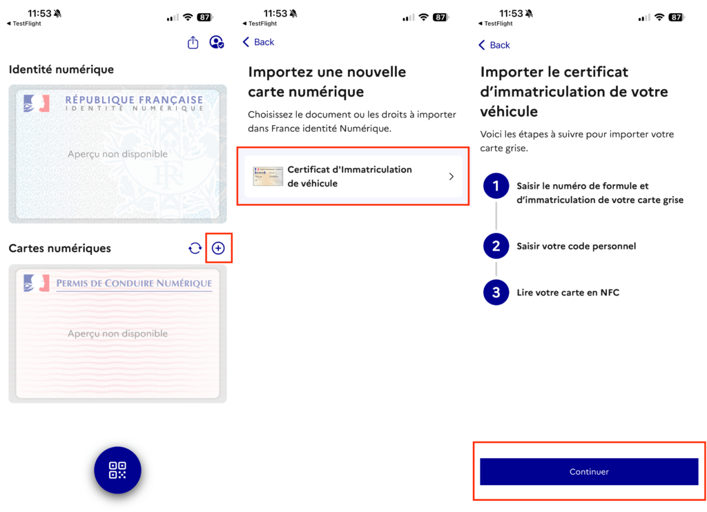Première étape pour ajouter une carte grise dans France Identité.