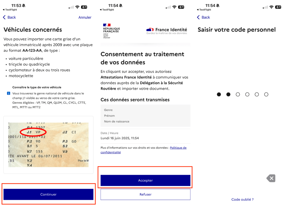 Dans cette étape, France Identité vous demande des numéros écrits sur votre carte grise.