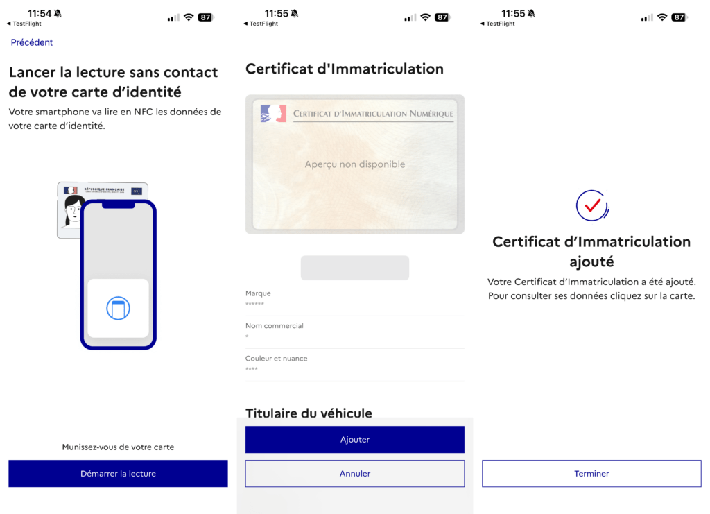 Dernière étape pour ajouter sa carte grise à France Identité.