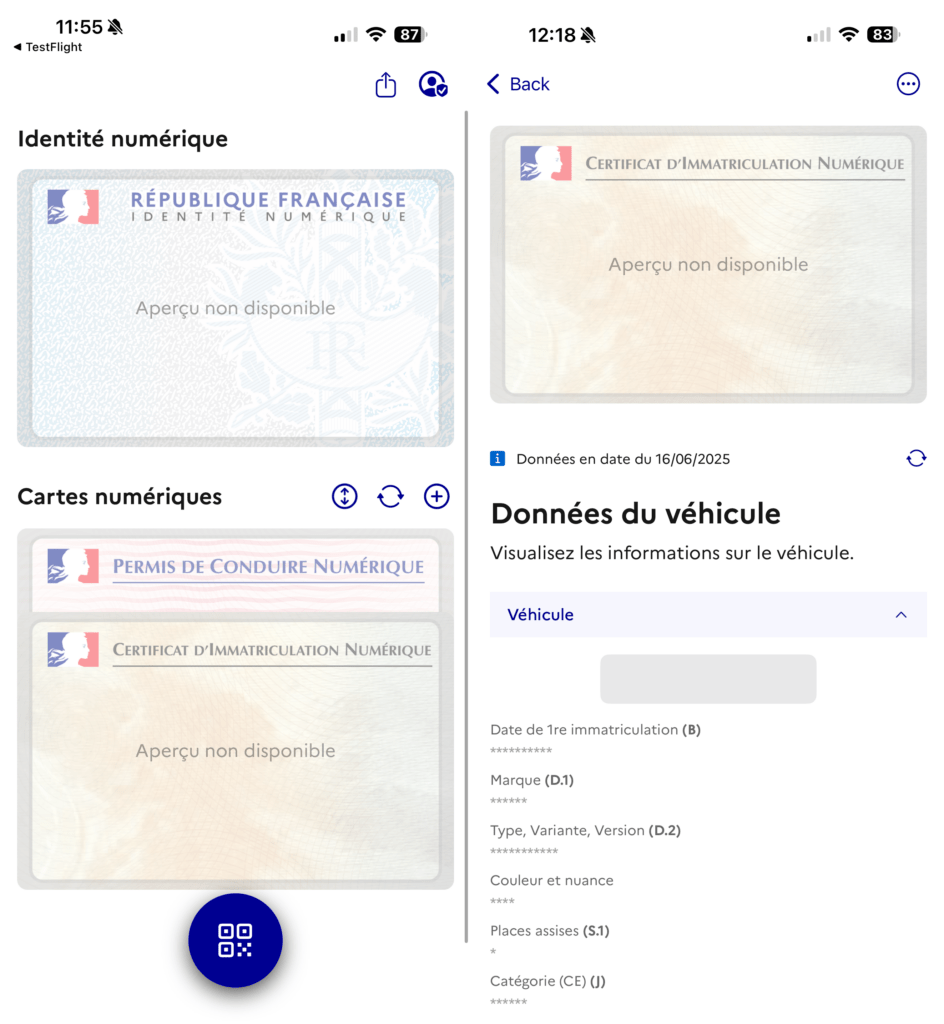 Les captures d'écran masquent les informations dans France Identité, mais tout est bien correct.