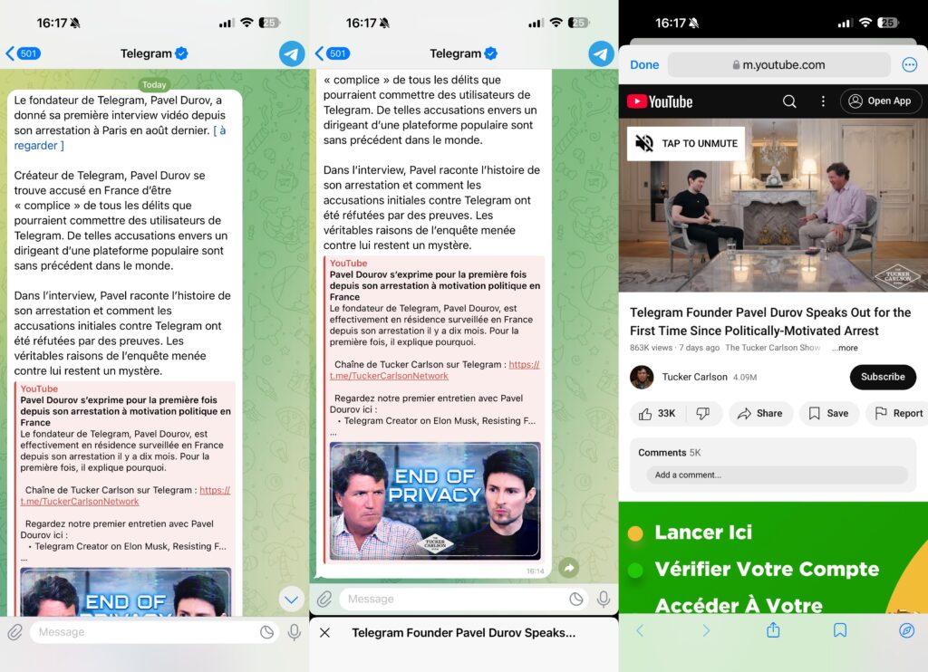 Le message envoyé par Telegram, avec un lien vers la vidéo de Tucker Carlson. Le message envoyé par Telegram, avec un lien vers la vidéo de Tucker Carlson.