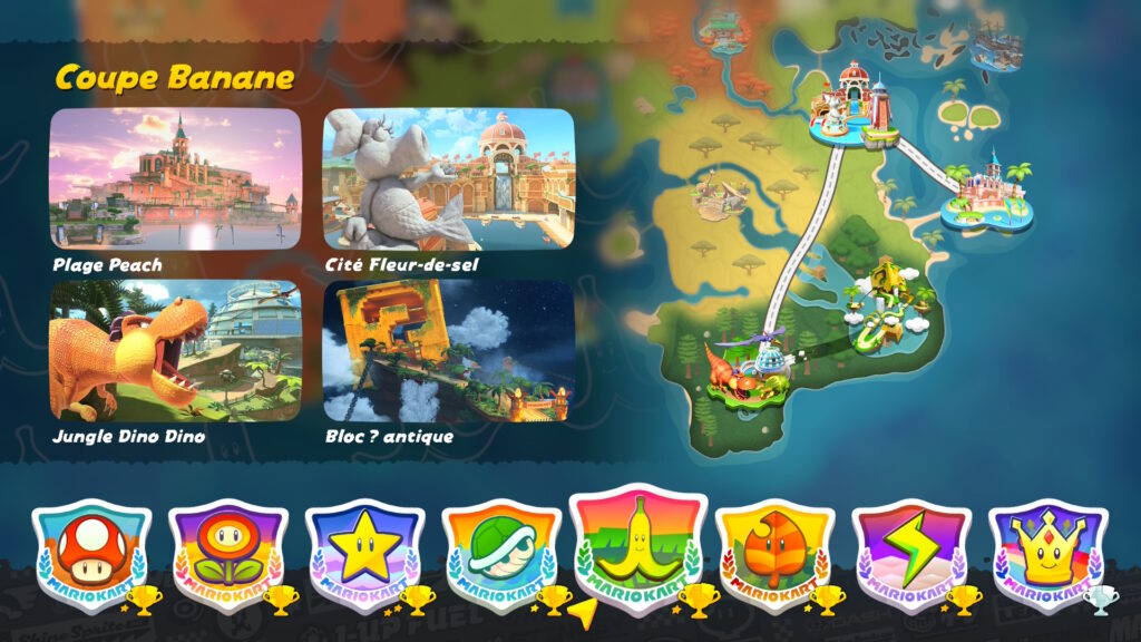 Dans les grands-prix de Mario Kart World, chaque course se compose d'une ligne droite, puis d'un tour sur le circuit. Dans les grands-prix de Mario Kart World, chaque course se compose d'une ligne droite, puis d'un tour sur le circuit.