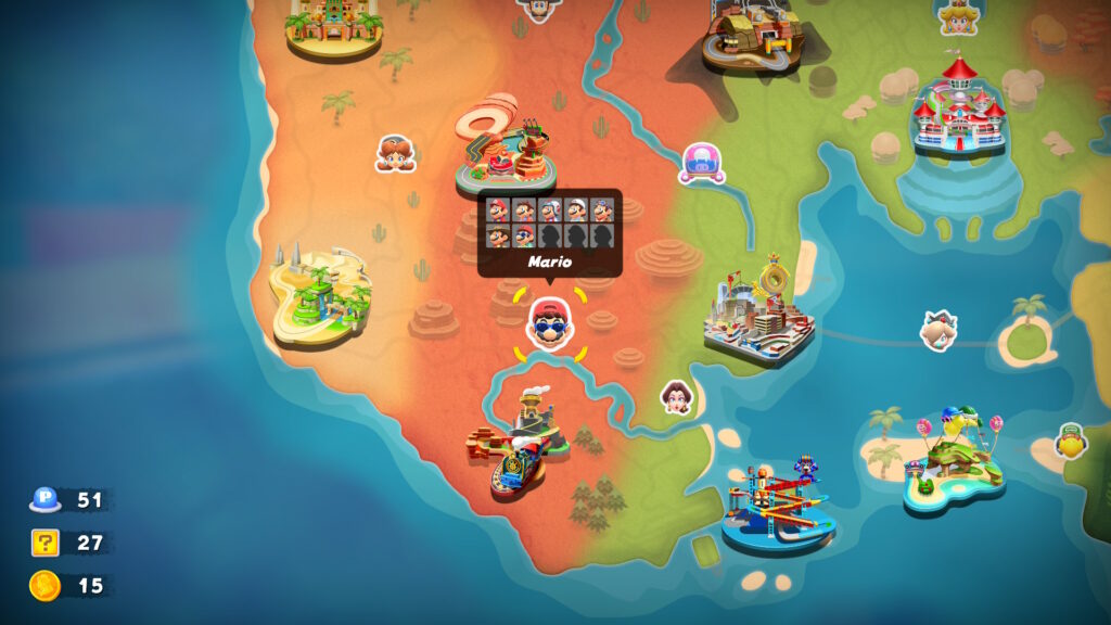 Peut-on faire plus inutile que la carte du mode balade de Mario Kart World ? Les seules infos essentielles sont en bas à gauche, sans indicateurs sur le total.