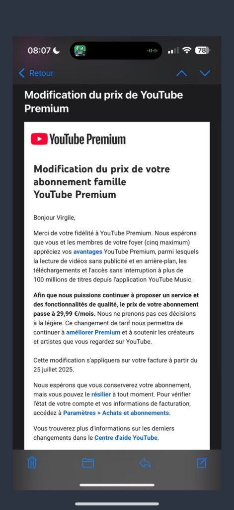Extrait du mail envoyé par YouTube. // Source : Capture d'écran Extrait du mail envoyé par YouTube. // Source : Capture d'écran