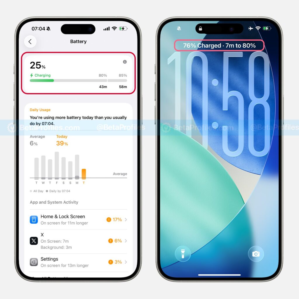 Le temps de charge restant de l'iPhone sur iOS 26 // Source : Beta Profiles via X Le temps de charge restant de l'iPhone sur iOS 26 // Source : Beta Profiles via X