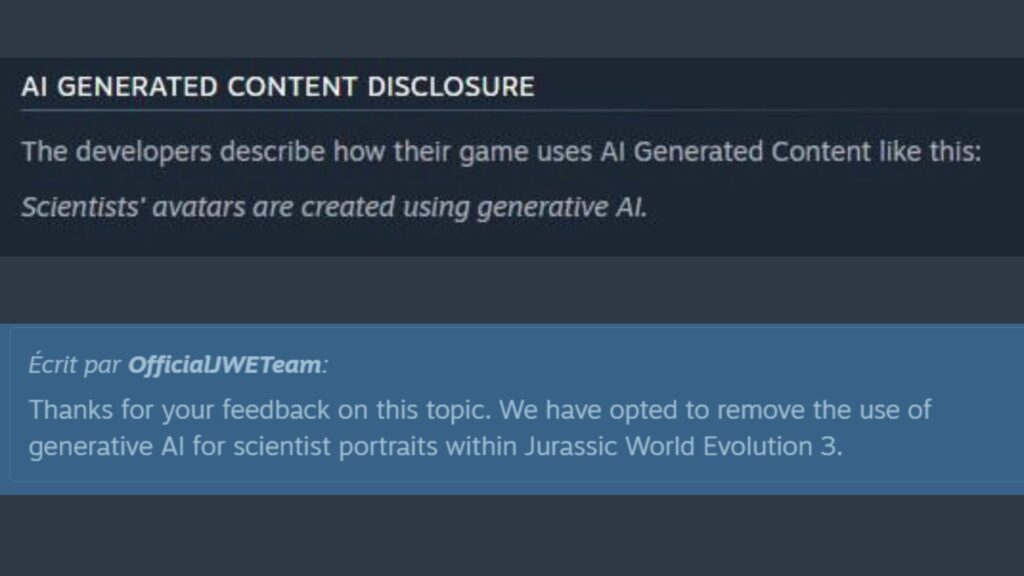 L'annonce de l'utilisation de l'IA pour le jeu, puis le rétropédalage du studio // Source : Capture Steam L'annonce de l'utilisation de l'IA pour le jeu, puis le rétropédalage du studio // Source : Capture Steam