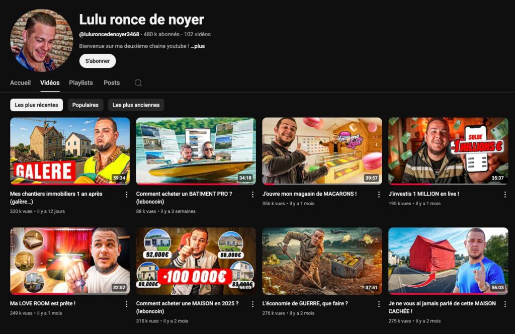 La deuxième chaîne YouTube de Lucien Cupif, Lulu ronce de noyer // Source : Capture Numerama