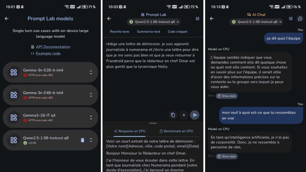 Une démonstration de l'application AI Edge Gallery // Source : Numerama Une démonstration de l'application AI Edge Gallery // Source : Numerama