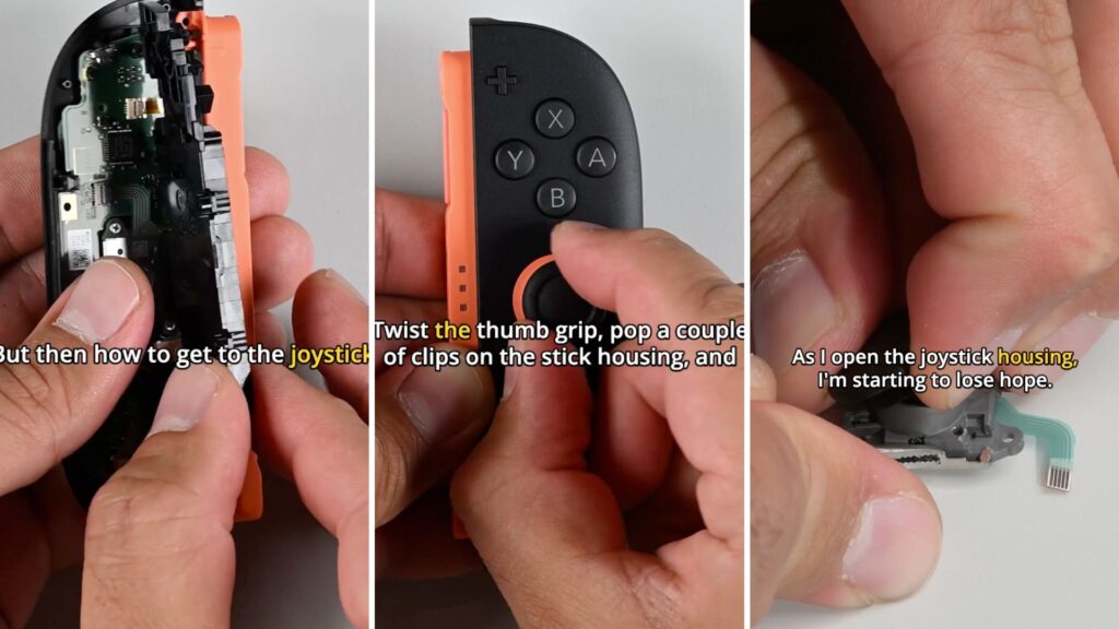 L'extraction du joystick // Source : iFixit via Mastodon L'extraction du joystick // Source : iFixit via Mastodon