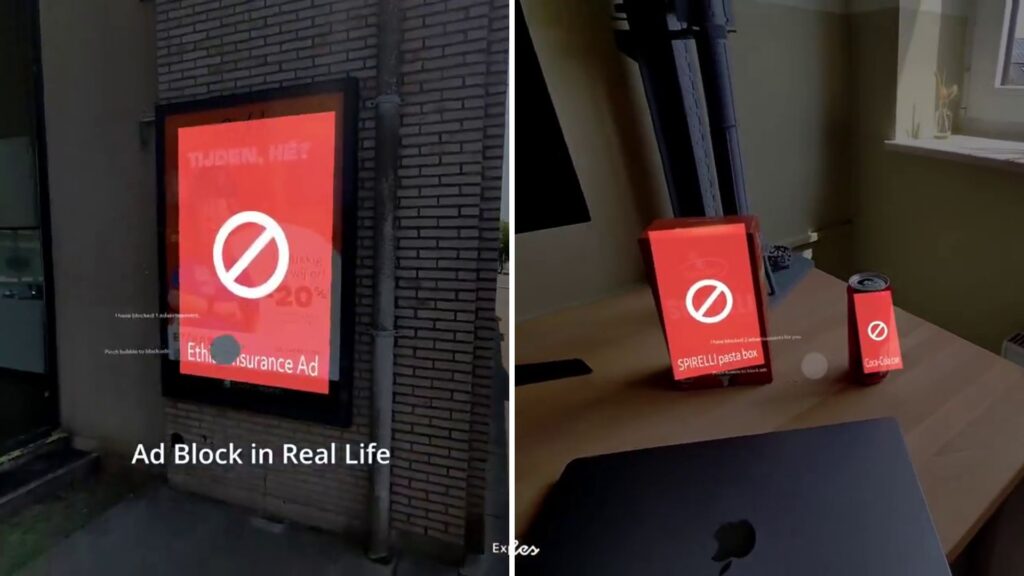 L'application ajoute des bannières anti-publicité par-dessus les publicités grâce aux écrans des lunettes // Source : Stijn Spanhove via X L'application ajoute des bannières anti-publicité par-dessus les publicités grâce aux écrans des lunettes // Source : Stijn Spanhove via X