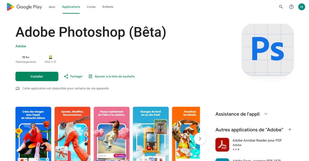 Photoshop est disponible en bêta sur le Play Store // Source : Capture Numerama Photoshop est disponible en bêta sur le Play Store // Source : Capture Numerama
