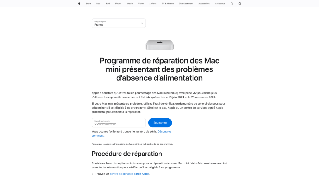 La page du programme de réparation du Mac mini M2 sur le site d'Apple // Source : Capture Numerama La page du programme de réparation du Mac mini M2 sur le site d'Apple // Source : Capture Numerama