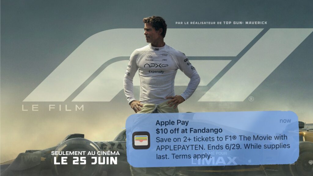 Le film F1 et la pub Apple Pay. // Source : Numerama Le film F1 et la pub Apple Pay. // Source : Numerama
