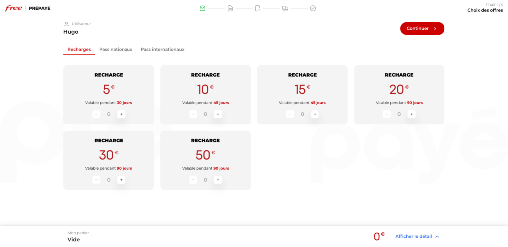 Les recharges disponibles sur Free Prépayé // Source : Capture Numerama