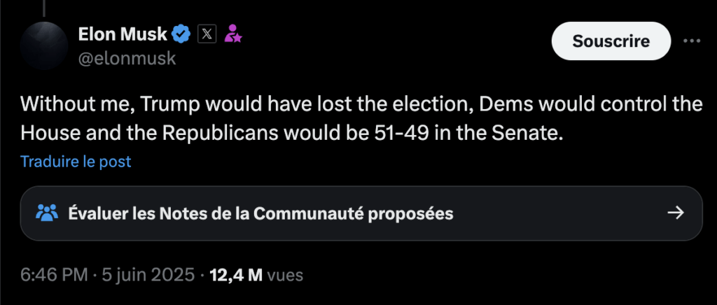 « Sans moi, Trump aurait perdu l'élection, les Démocrates contrôlent le Congrés et les Républicatons aurait 51/49 au Sénat », affirme Elon Musk.