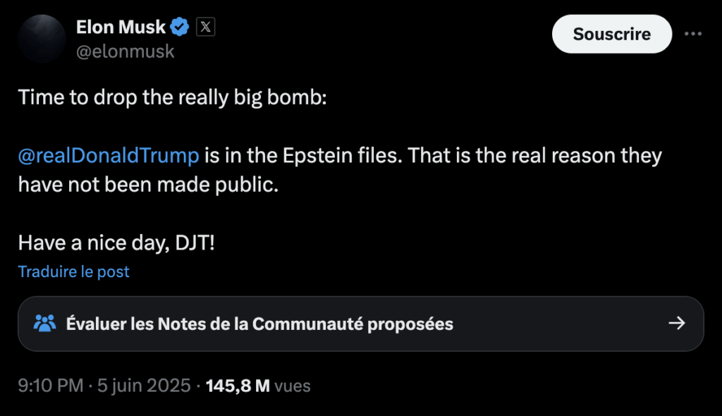 Elon Musk affirme que Donald Trump est complice de Jeffrey Epstein. Elon Musk affirme que Donald Trump est complice de Jeffrey Epstein.