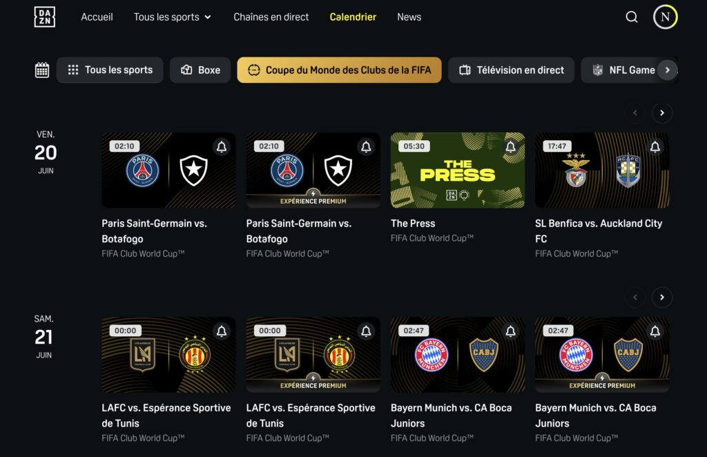 Le programmes des matchs sur le site de DAZN. Le programmes des matchs sur le site de DAZN.
