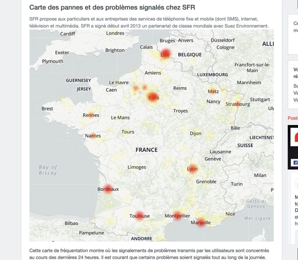 La carte des pannes SFR sur DownDetector.