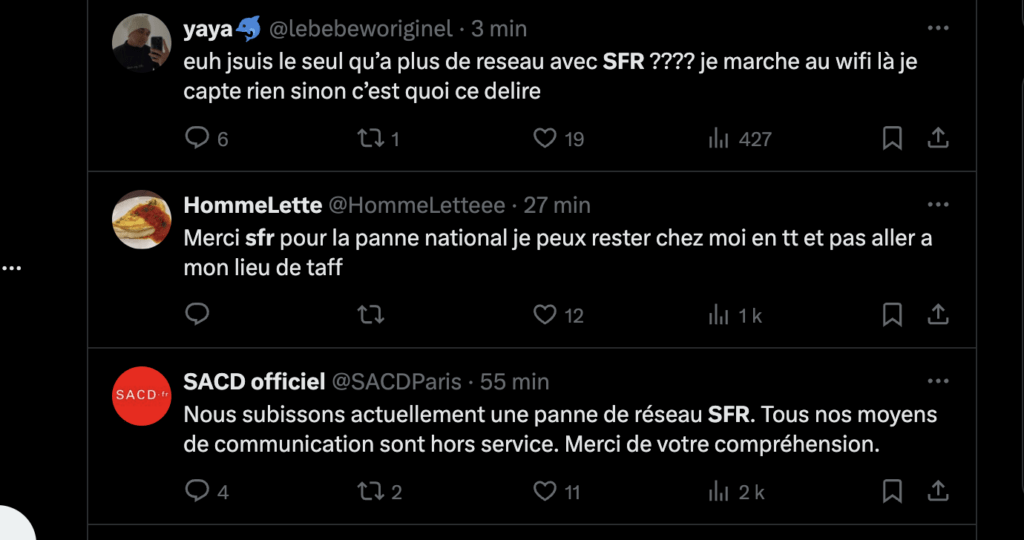 Sur Twitter, les internautes signalent des pannes chez SFR depuis environ 11 heures. Sur Twitter, les internautes signalent des pannes chez SFR depuis environ 11 heures.