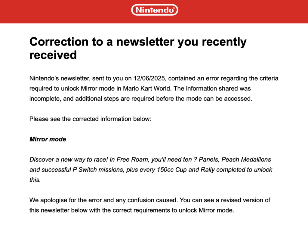 Les excuses envoyées par Nintendo par mail. Les excuses envoyées par Nintendo par mail.