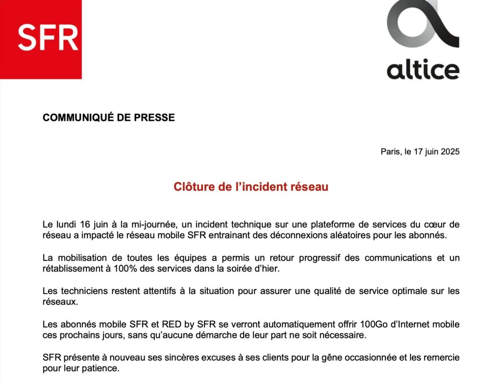 Le communiqué de SFR sur la panne du 16 juin. Le communiqué de SFR sur la panne du 16 juin.