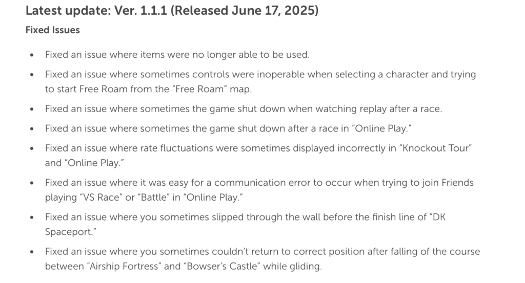Les notes de version de la mise à jour 1.1.1 de Mario Kart World. Les notes de version de la mise à jour 1.1.1 de Mario Kart World.