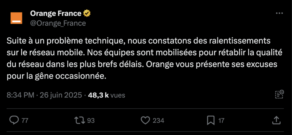 Orange a confirmé la panne à 20h30.