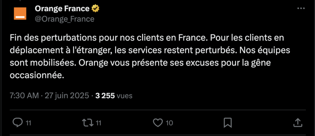 La panne a été partiellement rétablie le 27 juin à 7h30. La panne a été partiellement rétablie le 27 juin à 7h30.