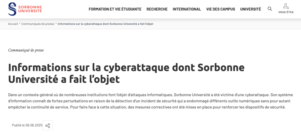Le communiqué de presse de l'Université Sorbonne // Source : Capture Numerama
