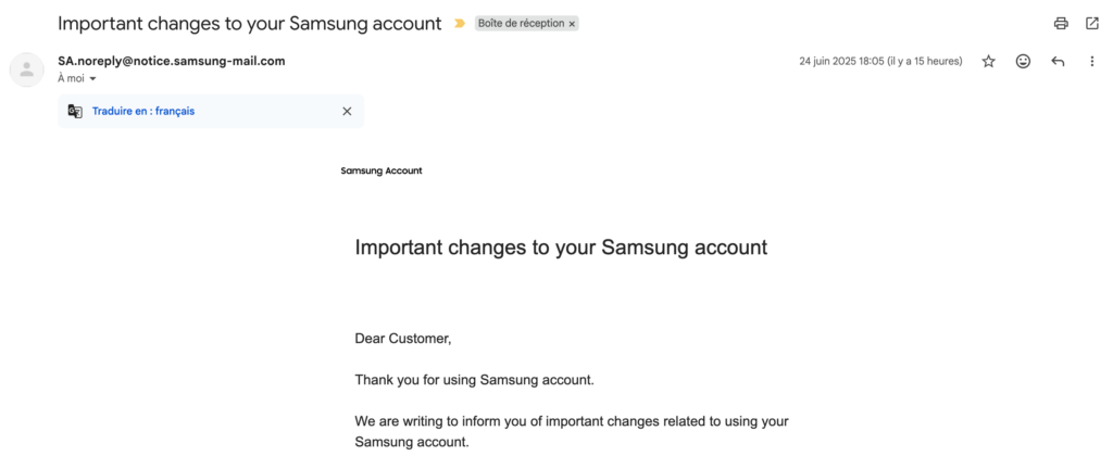 Le mail que vous a probablement envoyé Samsung // Source : Capture Numerama