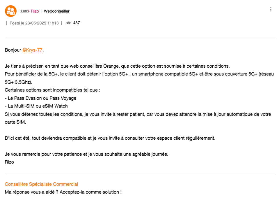 Orange indique les options incompatibles avec l'option 5G+ // Source : Numerama Orange indique les options incompatibles avec l'option 5G+ // Source : Numerama