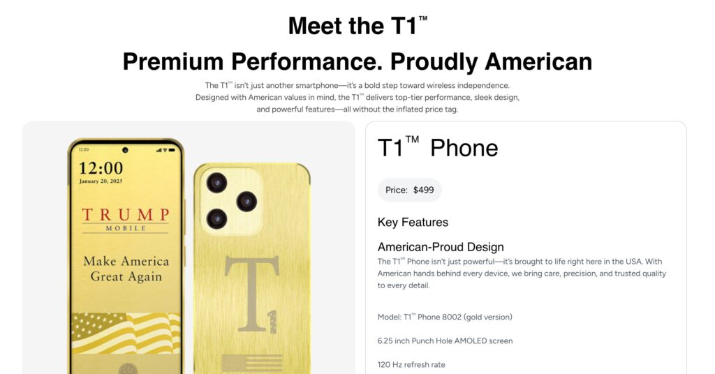 Le site de Trump Mobile ne revendique plus de fabrication américaine // Source : Capture Numerama Le site de Trump Mobile ne revendique plus de fabrication américaine // Source : Capture Numerama