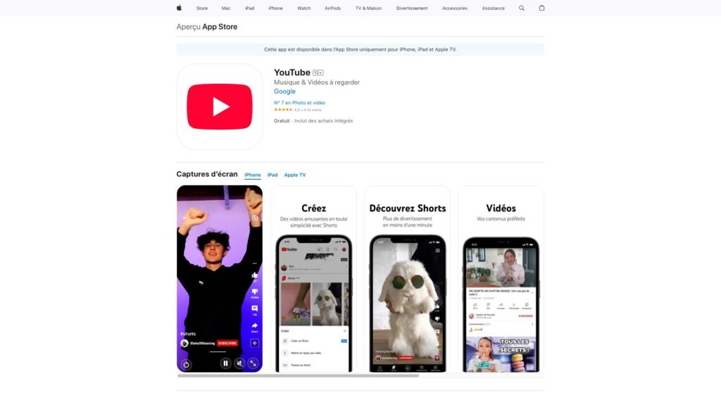 YouTube sur l'App Store // Source : Capture Numerama YouTube sur l'App Store // Source : Capture Numerama