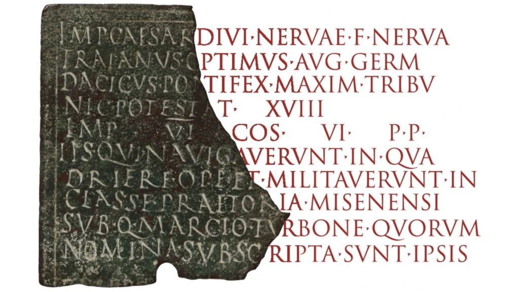Fragment d'un diplôme militaire en bronze de Sardaigne, délivré par l'empereur Trajan à un marin sur un navire de guerre  // Source : 113/14 CE (CIL XVI, 60, The Metropolitan Museum of Art, Public Domain)