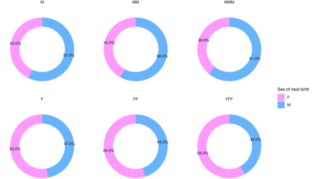 Probabilité conditionnelle du sexe de la prochaine naissance dans les familles avec une progéniture d'un seul sexe // Source : Le sexe à la naissance est-il un tirage au sort biologique ? Aperçus d'une analyse longitudinale et GWAS, Siwen Wang et al. Probabilité conditionnelle du sexe de la prochaine naissance dans les familles avec une progéniture d'un seul sexe // Source : Le sexe à la naissance est-il un tirage au sort biologique ? Aperçus d'une analyse longitudinale et GWAS, Siwen Wang et al.