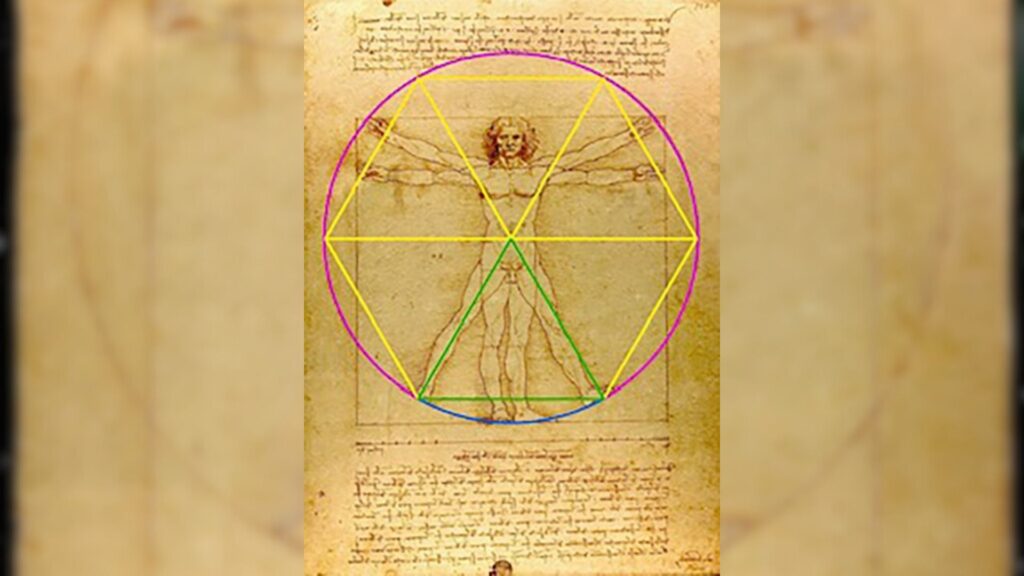 L'homme Vitruve de Léonard et les relations géométriques optimales. Le triangle équilatéral (vert) auquel Léonard a explicitement fait référence entre les jambes de la figure, lorsqu'il est reproduit six fois autour du nombril, crée le motif hexagonal (jaune) qui génère le rapport mesuré d'environ 1,64 entre le côté du carré et le rayon du cercle. // Source : Rory Mac Sweeney L'homme Vitruve de Léonard et les relations géométriques optimales. Le triangle équilatéral (vert) auquel Léonard a explicitement fait référence entre les jambes de la figure, lorsqu'il est reproduit six fois autour du nombril, crée le motif hexagonal (jaune) qui génère le rapport mesuré d'environ 1,64 entre le côté du carré et le rayon du cercle. // Source : Rory Mac Sweeney