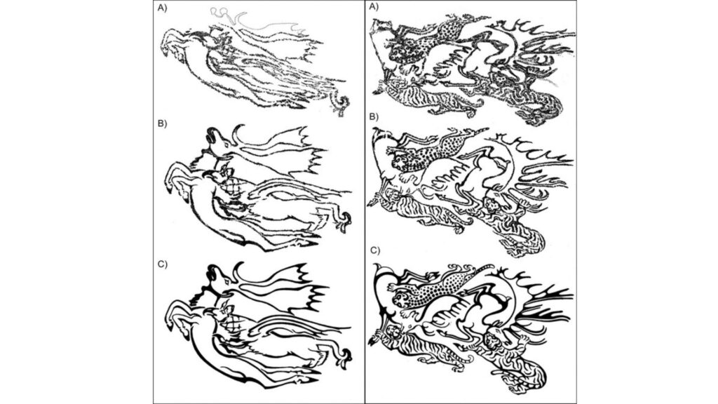 Comparaison entre à gauche, les tatouages de l'avant-bras gauche, moins précis et à droite, les tatouages de l'avant-bras droit. Pour les deux : A) état actuel ; B) plis de peau biaisés et uniformes et compensant le processus de dessiccation, et avec la tête ongulée recréée à partir des scènes de combat des animaux de Pazyryk ; C) rendu artistique idéalisé // Source : illustrations de D. Riday