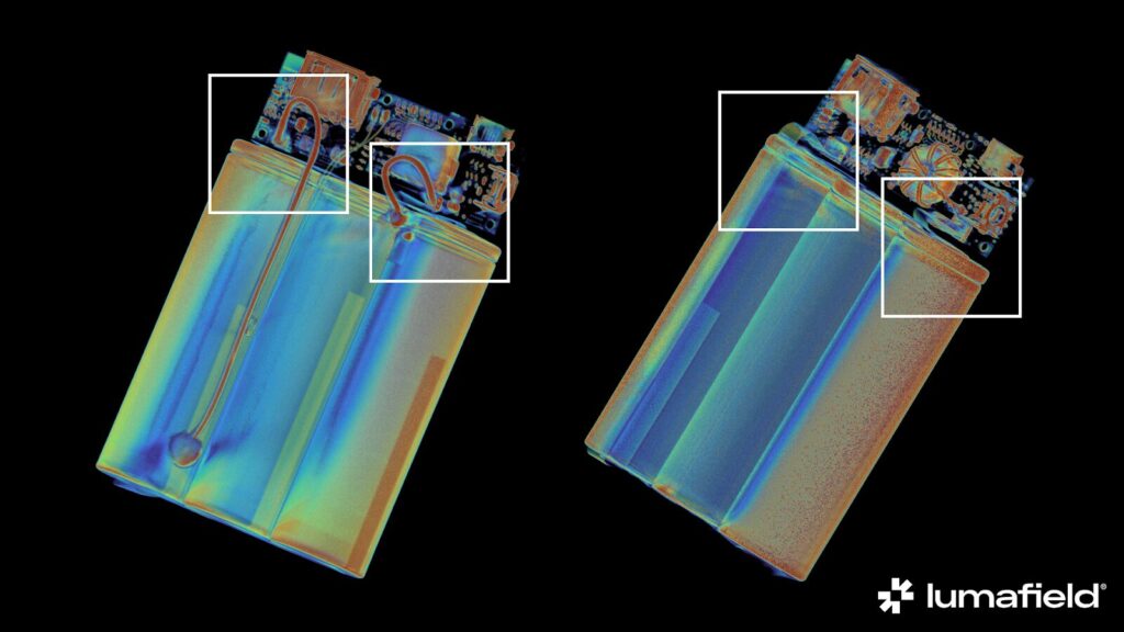 Lumafield a analysé des batteries concernées par le rappel et d'autres qui n'en font pas partie // Source : Lumafield