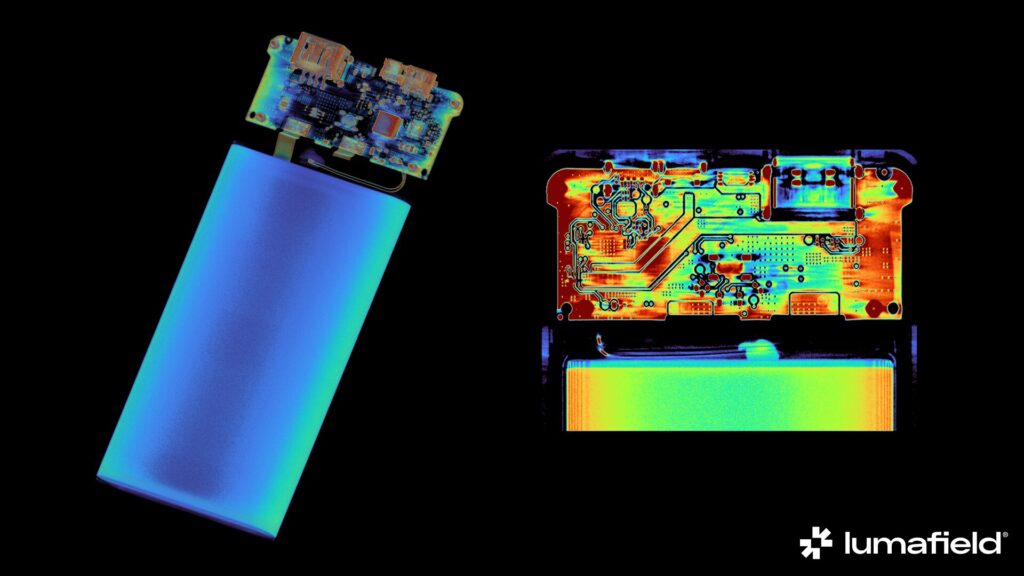 « Scanner de l'Anker PowerCore 10000 mis à jour, montrant la cellule de poche lithium-ion unique et une tranche de son PCBA. » // Source : Lumafield