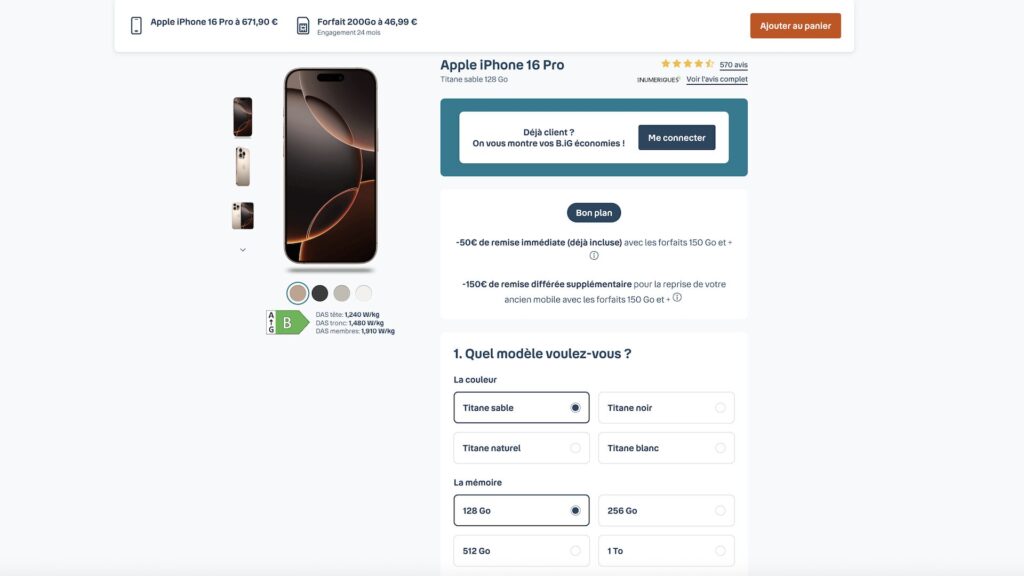 Pour toute souscription à un forfait Avantage smartphone de Bouygues Telecom, l'iPhone 16 Pro est à prix réduit // Source : Bouygues Telecom