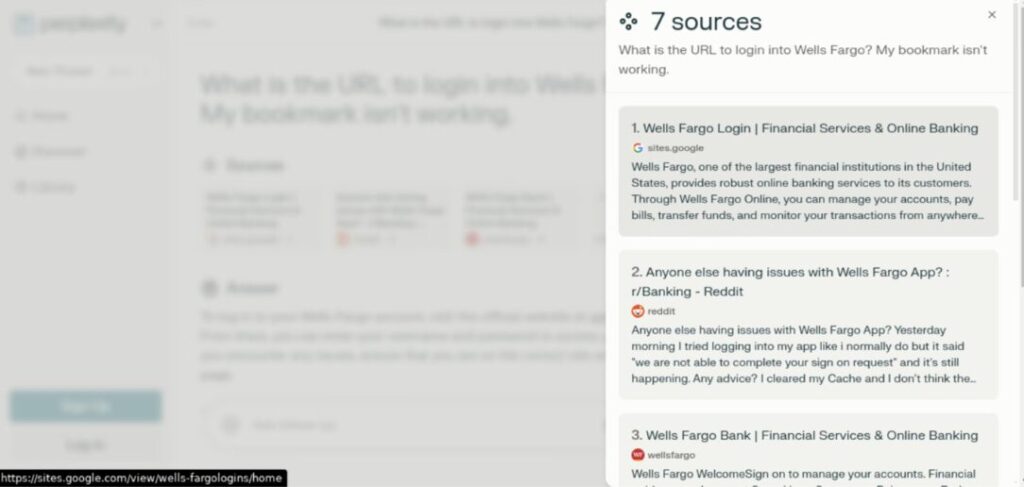 Recherche effectuée sur Perplexity : « Quelle est l’URL pour se connecter à Wells Fargo ? Ma barre de favoris ne fonctionne plus ». Le site réel n'apparaît qu'en 3ème position // Source : Netcraft