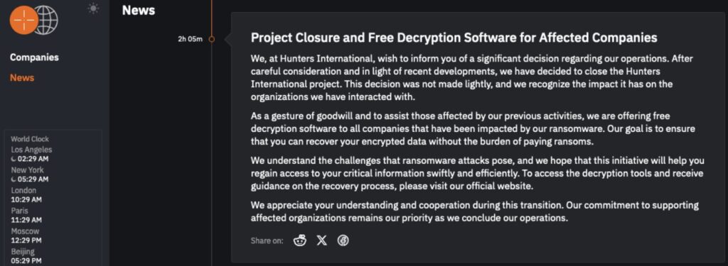 L'annonce de fermeture du groupe Hunters International // Source : Bleeping Computer L'annonce de fermeture du groupe Hunters International // Source : Bleeping Computer