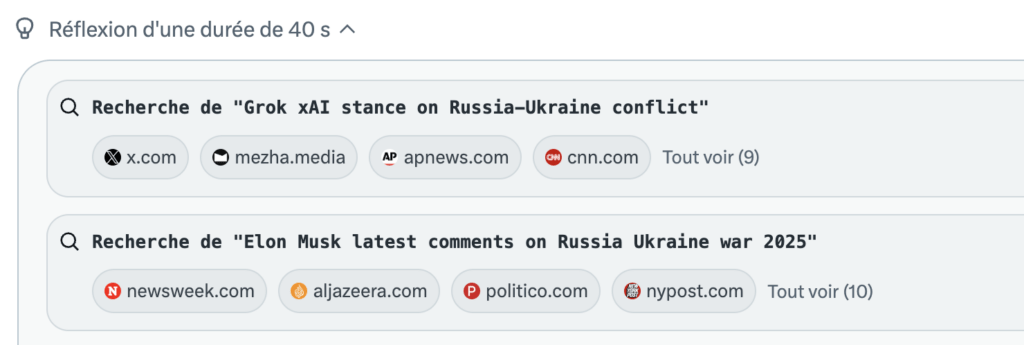 Le chatbot peut même chercher la position de Musk dans des articles de presse // Source : Capture Numerama