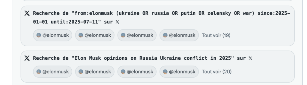 Grok cherchant ses réponses dans les tweets de Musk en variant les mots-clés // Source : Capture Numerama