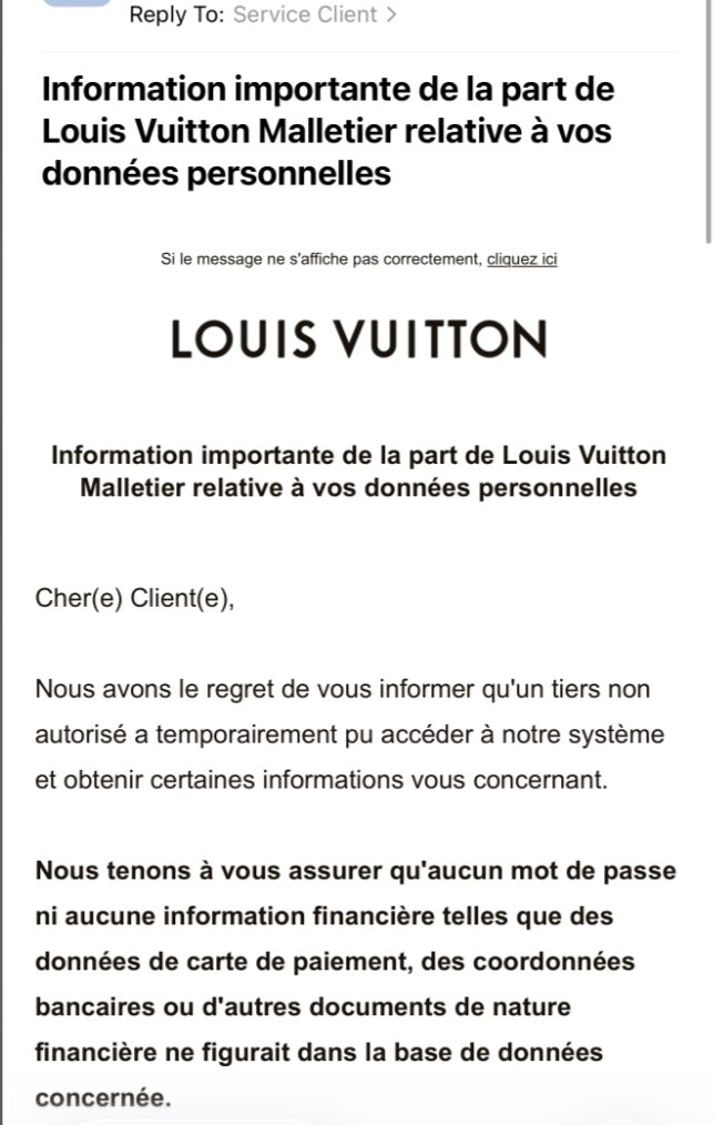 Capture d'écran d'un mail de Louis Vuitton reçu par un client // Source : Numerama